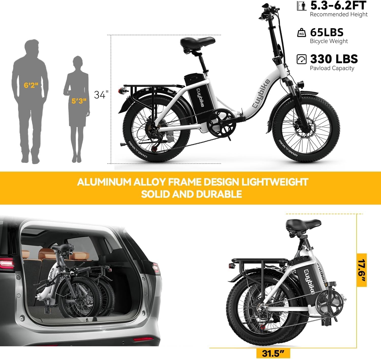 EUYBIKE Folding Electric Bike for Adults with Peak 1000W Motor, 48V 20AH Battery up to 80 Miles, 20' Fat Tire All Terrain Ebike, Front Suspension 7-Speed Commuter E Bike, Step-Thru, UL Certified