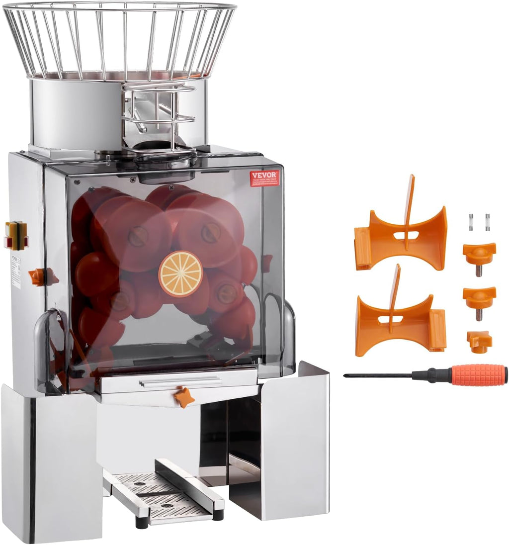 VEVOR Commercial Orange Juicer Machine, 120W Automatic Feeding Juice Extractor, Stainless Steel Juice Extractor for 25 Oranges Per Minute, with Pull-Out Filter Box, PC Cover, 2 Peel Collecting Buckets