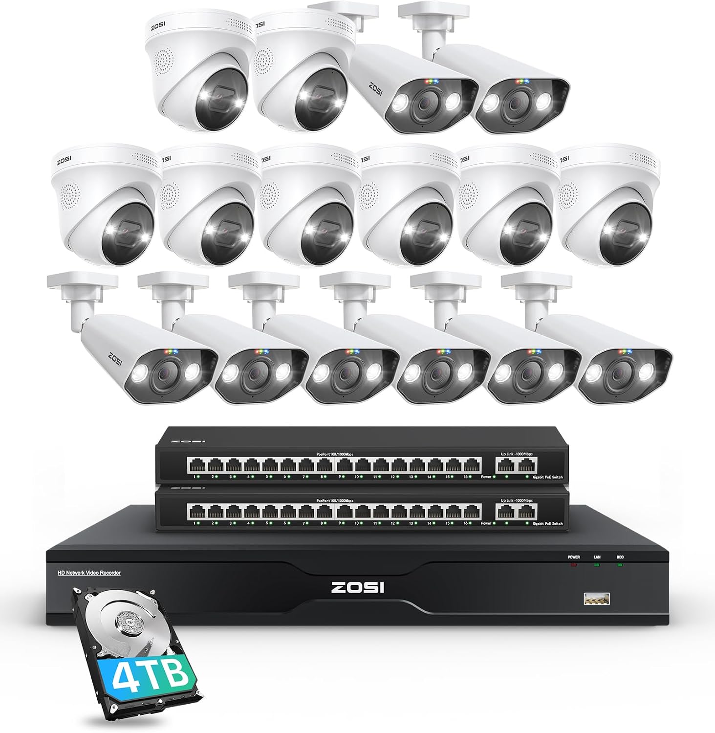 ZOSI 32CH 4K PoE Security Camera System, Face Person Vehicle Detection, 2 Way Audio, Spotlight Siren, 16pcs 8MP Outdoor Indoor IP Cameras, 32 Channel 4K NVR with 4TB HDD for 24/7 Recording