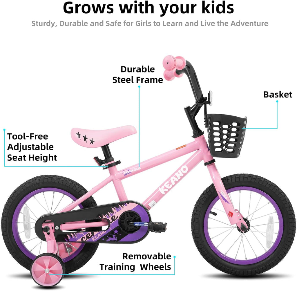 KEANO Cervine 14 16 20 Inch Kids Bike for Boys Girls Ages 3-10 Years, 14 16 Inch Toddler BMX Bikes with Training Wheels and Basket, 20 in Children Bicycles with Kickstand