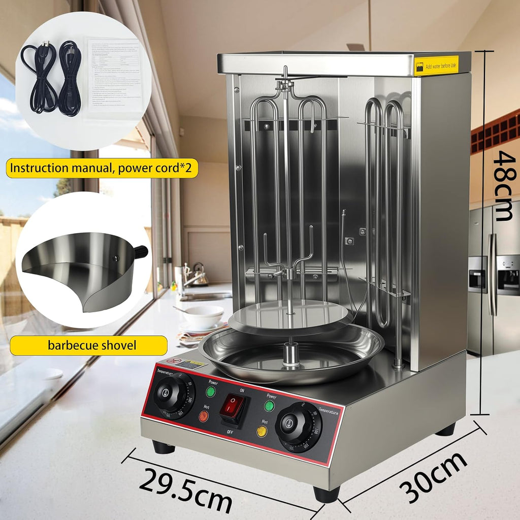 Shawarma Grill Machine Oven Rotisserie Kebab Turkey Machine, Automatic Rotation, 2 Electric Control Mashawarma Grill Machine Up to 570°F,Vertical Skewers, Stainless Steel, 110V 2.4kw