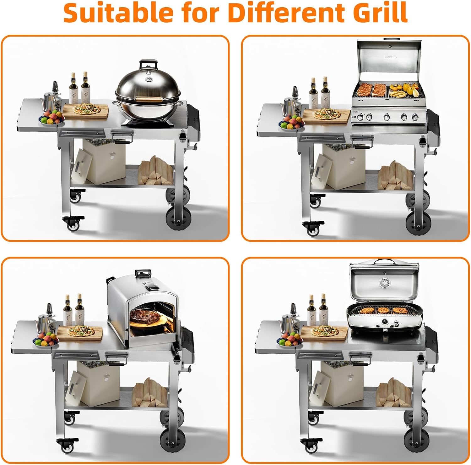 Electactic Food Grade 304 Stainless Steel BBQ Grill Carts fits 22'' Tabletop Griddle, Outdoor grill Table with 4 Foldable Legs, Portable Grill Stand for RV, Camping, Tailgating
