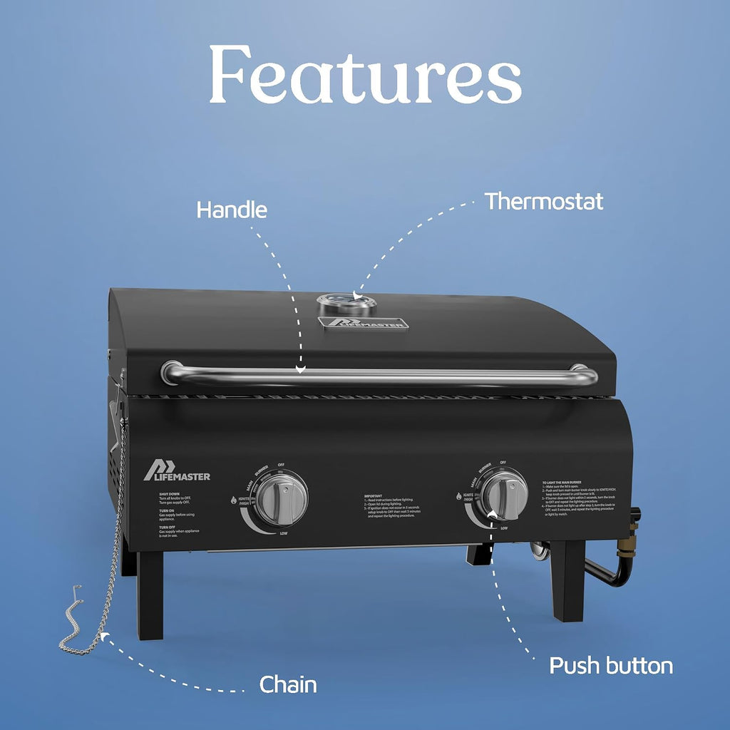 Black Portable Gas Grill, Dual 10,000 BTU Burners, 275 Sq.In Cooking Space, Push-to-Start Ignition, Wind-Proof Lid with Built-in Thermometer, Perfect for Camping Tailgates & Backyard BBQ Cookouts