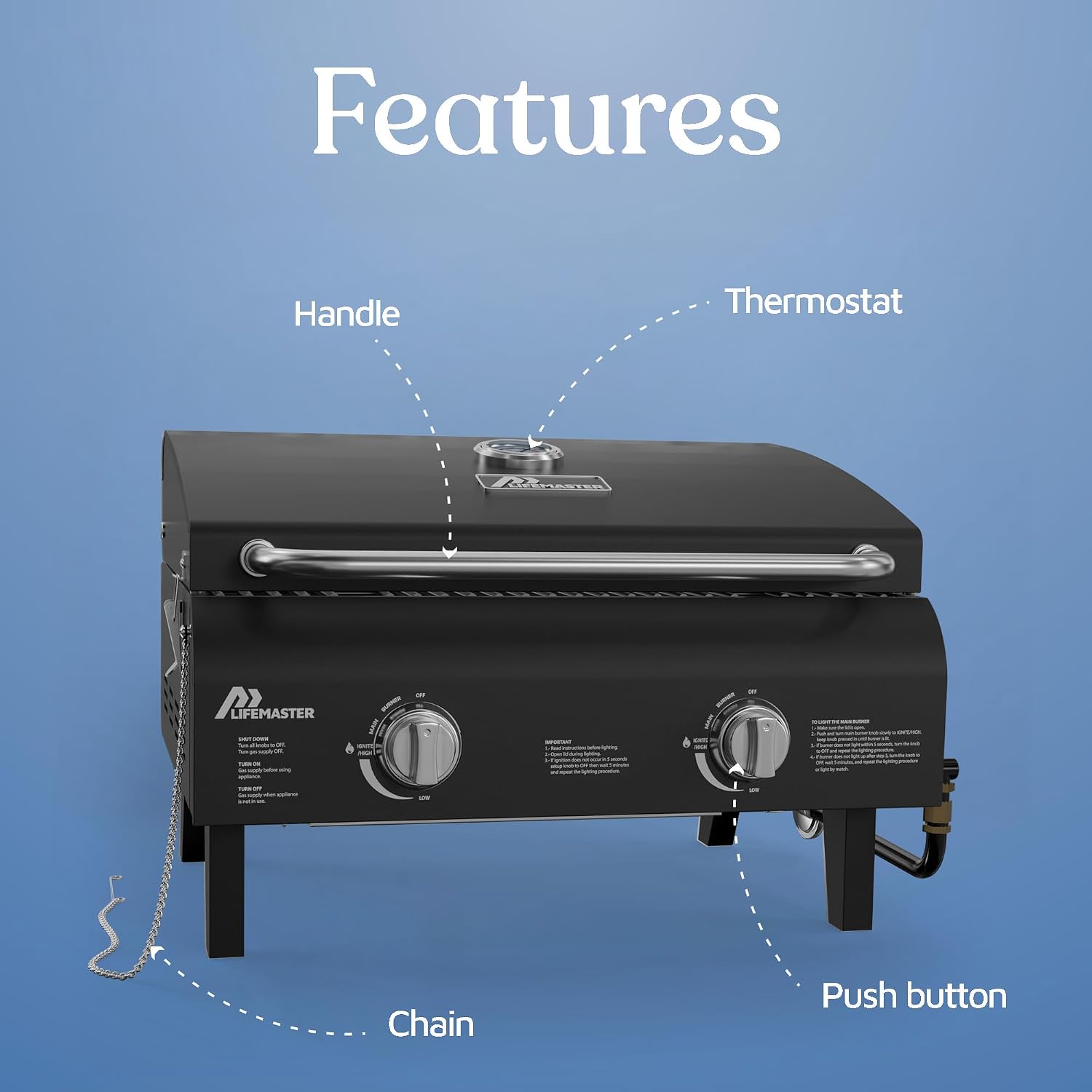 Black Portable Gas Grill, Dual 10,000 BTU Burners, 275 Sq.In Cooking Space, Push-to-Start Ignition, Wind-Proof Lid with Built-in Thermometer, Perfect for Camping Tailgates & Backyard BBQ Cookouts