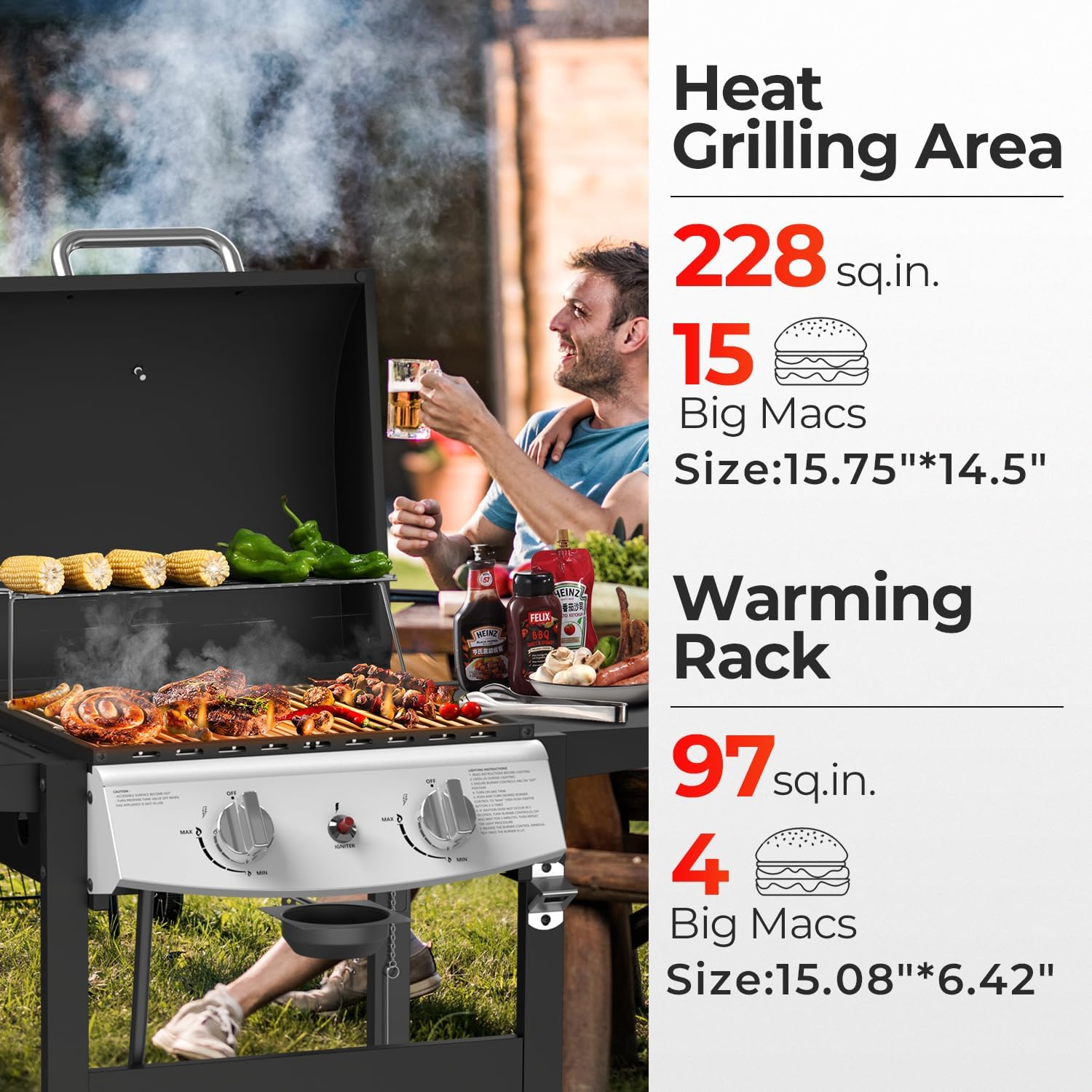 2-Burner Propane Gas Grill with Side Tables-20,000 BTU Stainless Steel Outdoor BBQ Grill,325 sq.in. Portable with Side Storage Shelves and Wheels for Patio, Campingfor Patio & Camping,Black
