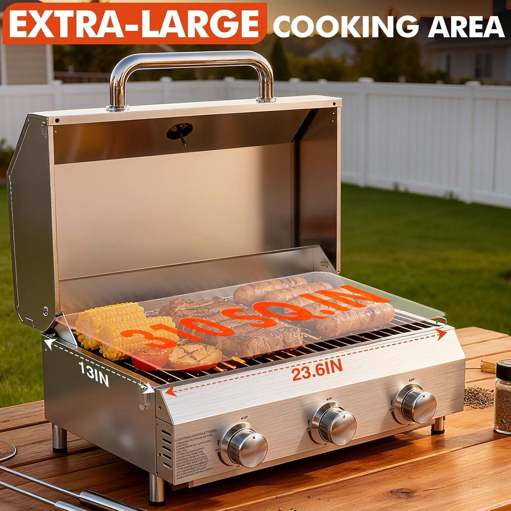 Llamaviva 3 Burner Gas Propane Grill with Dual Fuel Adapter,22500 BTU Stainless Steel Tabletop Portable Grill for Outdoor Barbecue Camping Cooking RV