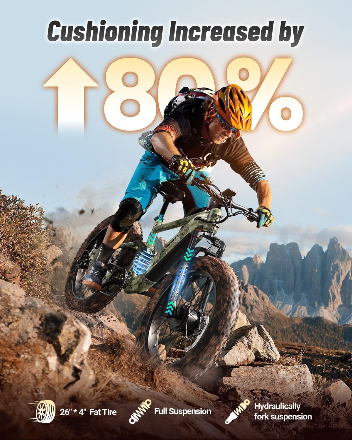 PUCKIPUPPY Dual Motor Electric Bike for Adults 1600W, 48V 20AH Battery with Torque Sensor, Full Suspension, 26' Fat Tire, 28MPH, 80 Mile Range, 8 Speed Mountain Electric Bicycle Golden Retriever Pro