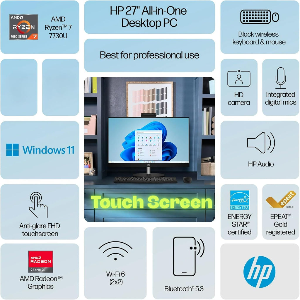 HP 27' Touch-Screen All-in-One PC, AMD 8-core Ryzen 7 7730U Processor(Outperforms Core-i7-1355u in Multi-core Tasks),32GB RAM, 1TB SSD, Anti-Glare FHD Display, USB,HDMI, Wireless KB&M, Win 11, Black
