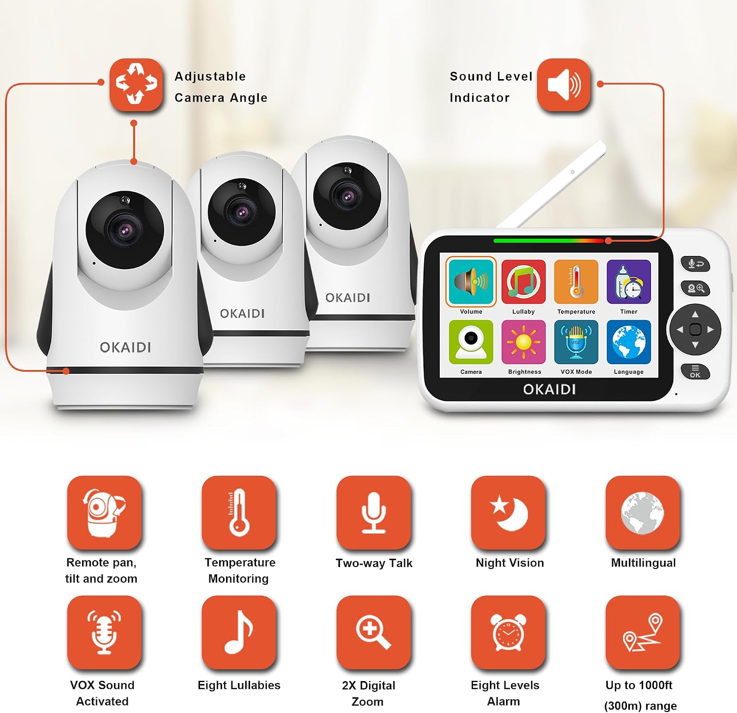 OKAIDI Video Baby Monitor with 3 Cameras, 5' Display Baby Monitor No WiFi, 30H Battery and 1000ft Range, 2-Way Talk, 8 Lullabies, Remote Pan-Tilt-Zoom Baby Camera for Baby/Pet/Elderly