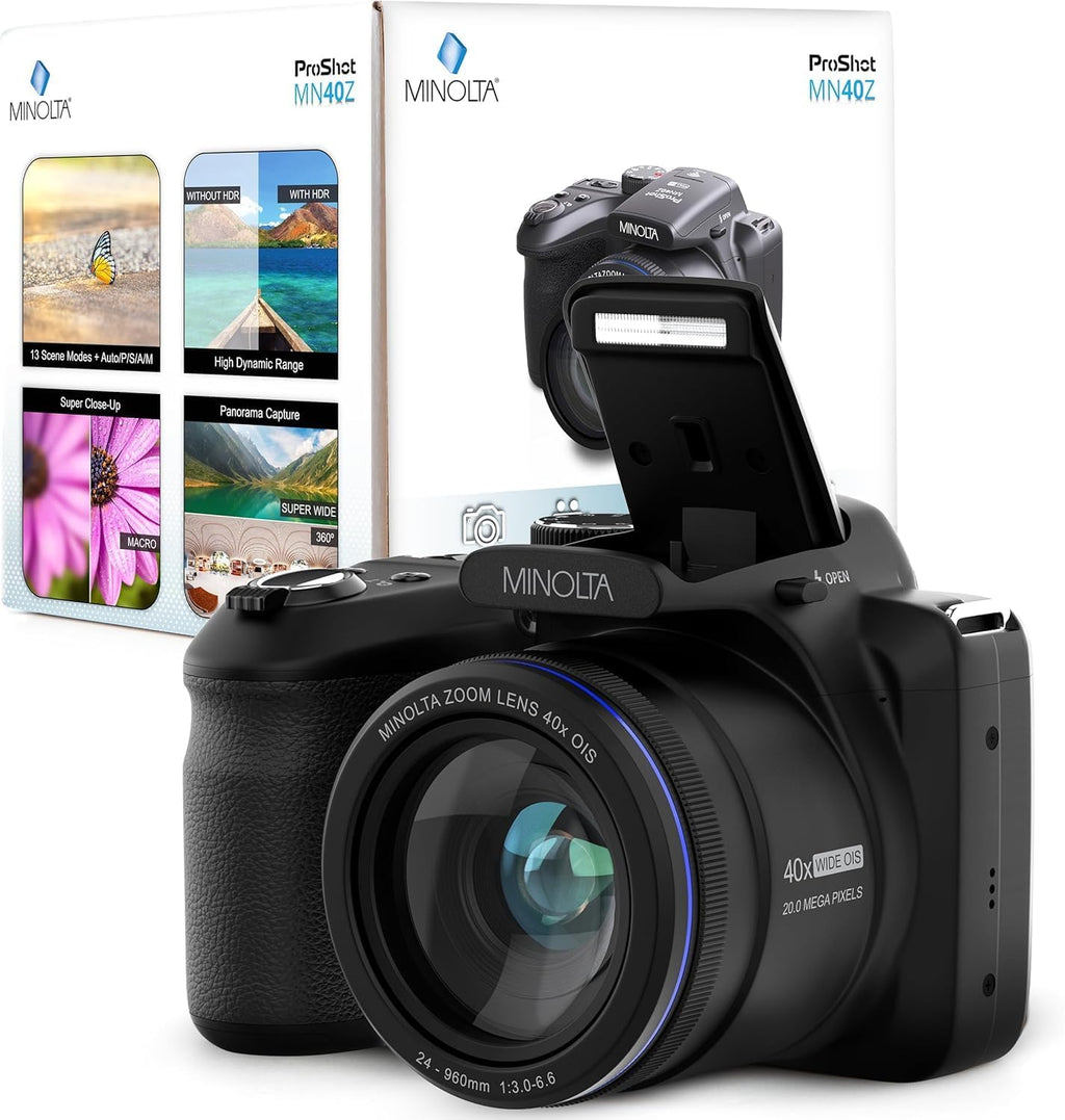Minolta MN40Z 20MP Digital Camera – 40x Optical Zoom, 1080p FHD Video, 3.0' LCD, Wi-Fi, Face/Smile/Blink Detection – Black