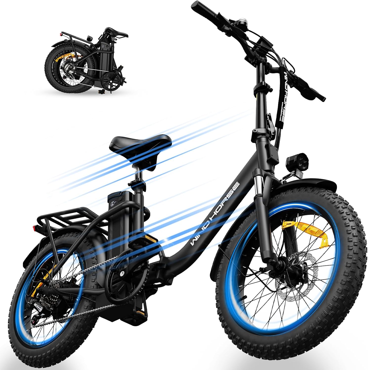 WINDHORSE 20' Folding Electric Bike, 983W Peak Motor, 20MPH, 40–70 Miles, 48V 748.8Wh Removable UL Battery, Front Suspension, Fat Tire E-Bike for Commuting, Beach, All -Terrain | Adults & Teens