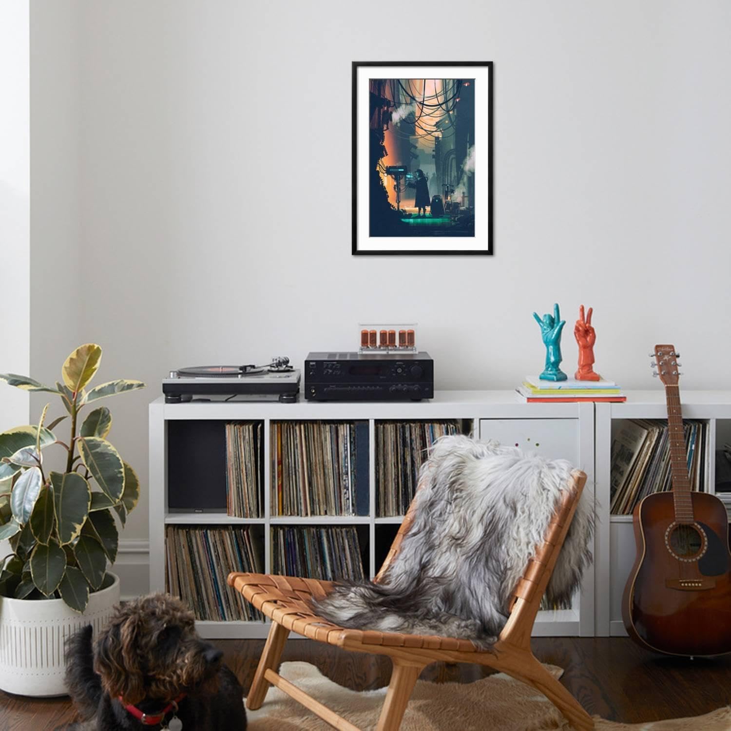 ART.COM Wall Art Print Sci-Fi Scene of Robot Using Futuristic Computer in City Street,Illustration Painting on Black Frame by Tithi Luadthong, 21' x 29'