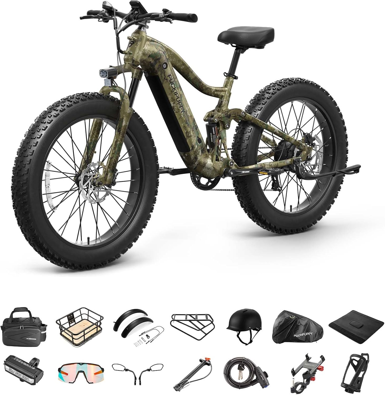 PUCKIPUPPY Boxer Electric Bike for Adults 960W, 48V 20AH Battery Ebike, Full Suspension 26' Fat Tire E Bike, 28MPH 80Miles Range Mountain Electric Bicycle, 7 Speed Hydraulic Disc Brakes