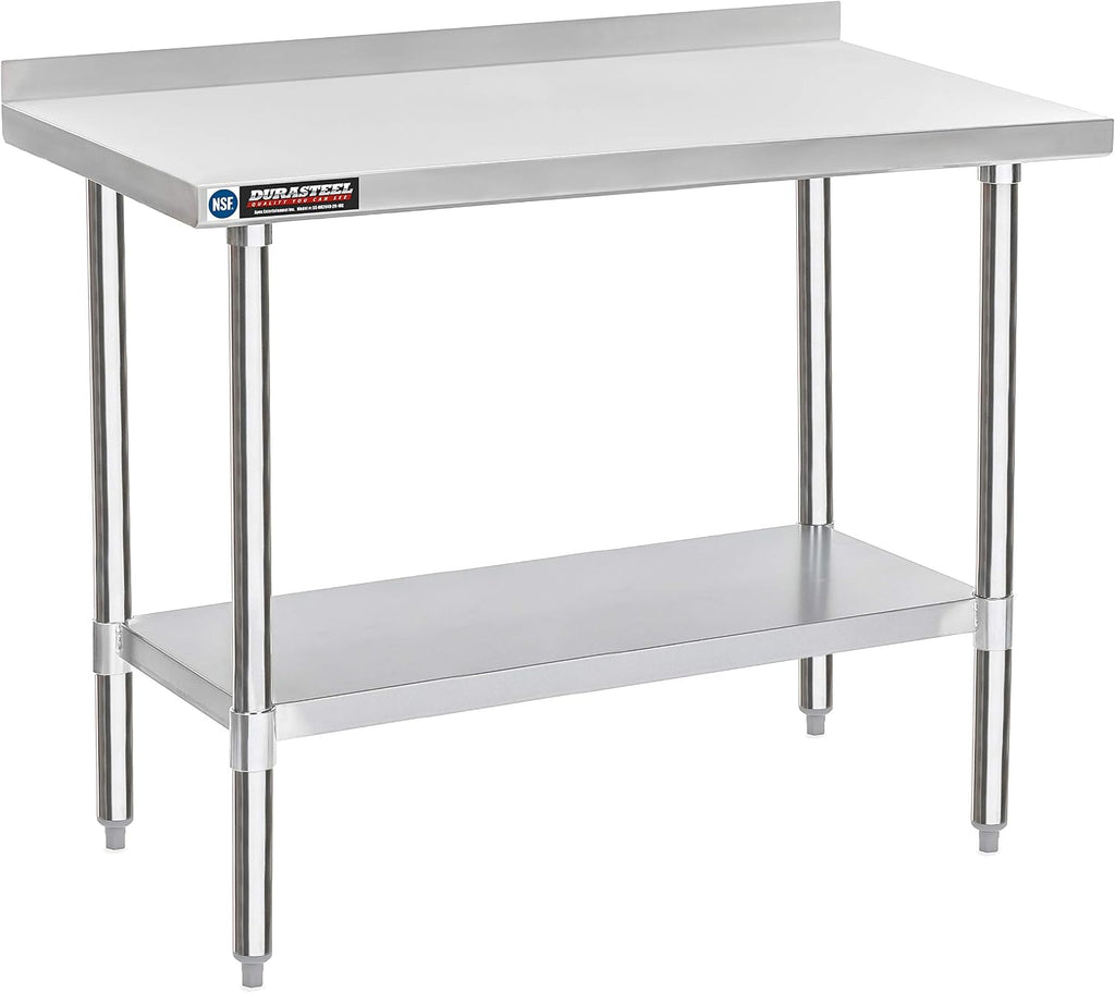DuraSteel NSF Commercial Kitchen Table - 24 x 48 Inch Cooking Prep Stainless Steel Kitchen Island Workstation w/ Adjustable Under Shelf - Heavy Metal Backsplash Workbench For Restaurant, Home, Garage