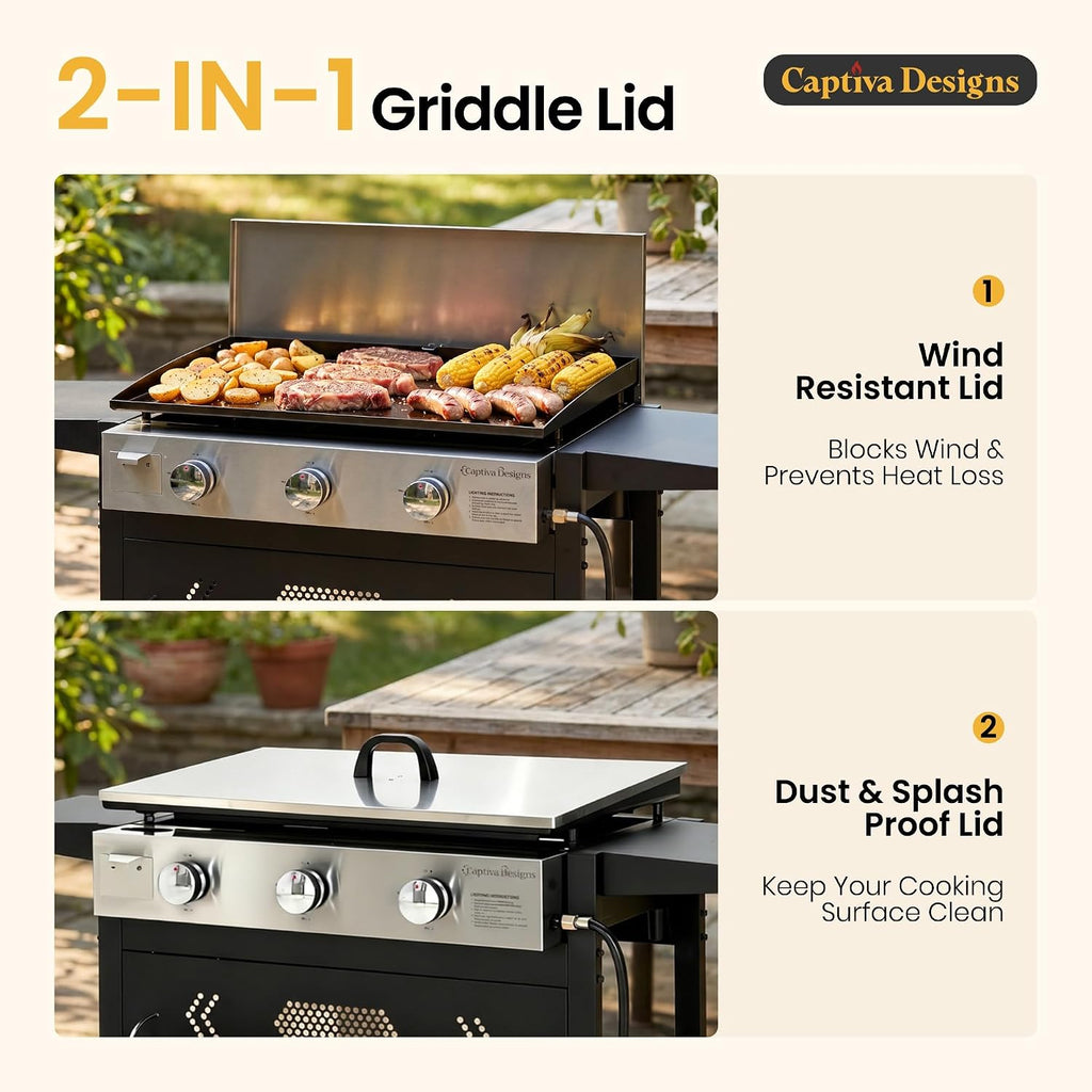 Captiva Designs 27 in Flat Top Griddle Grill with Ceramic Coated Cast Iron Pan, 3-Burner Propane Gas Griddle Grill, 33,000 BTU Output Flattop Grills for Outdoor Barbecue, Cooking and Party