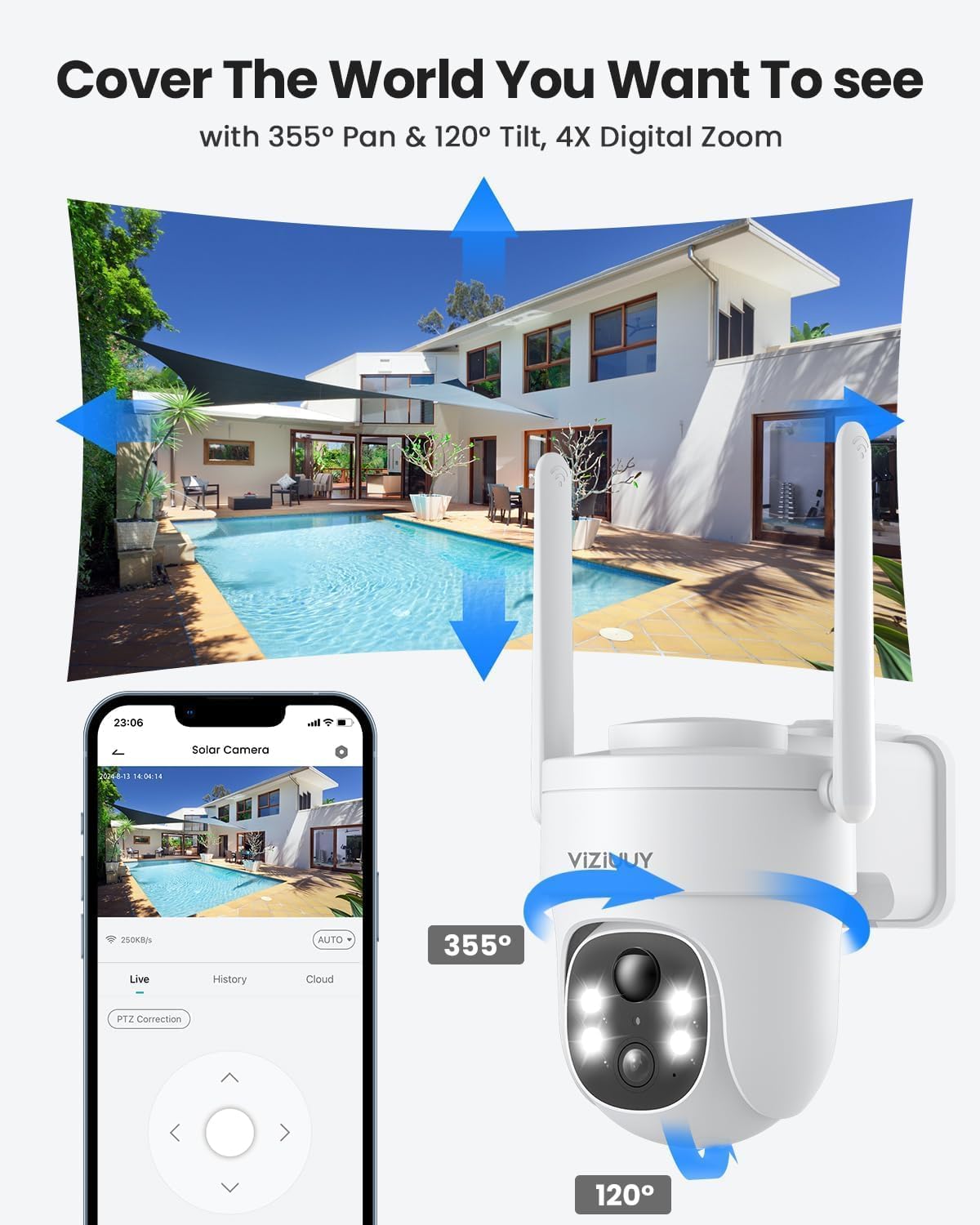 VIZIUUY Solar Security Cameras Wireless Outdoor, 3MP Pan/Tilt 360°View Solar/Battery Powered WiFi Camera with Color Night Vision/PIR Sensor/2-Way Audio/Alexa(3 Pack)