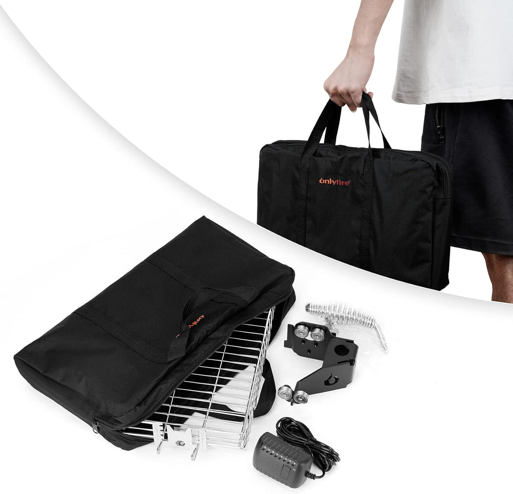 only fire Outdoor Open Flame Camping Grill, Campfire Cooking Accessories, Cooking over Any Grill or Fire - Include Motor, Power Adapter, Car Charging Cable and Bag