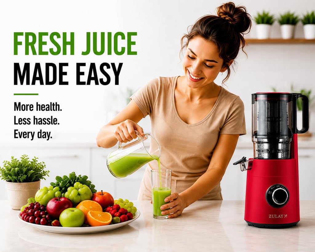 Zulay Kitchen Juicer Machine with 5' Wide Feed Chute, Cold Press Slow Masticating Juicer for Whole Fruits & Vegetables, Easy to Clean Stainless Steel Blades, High Juice Yield - Red