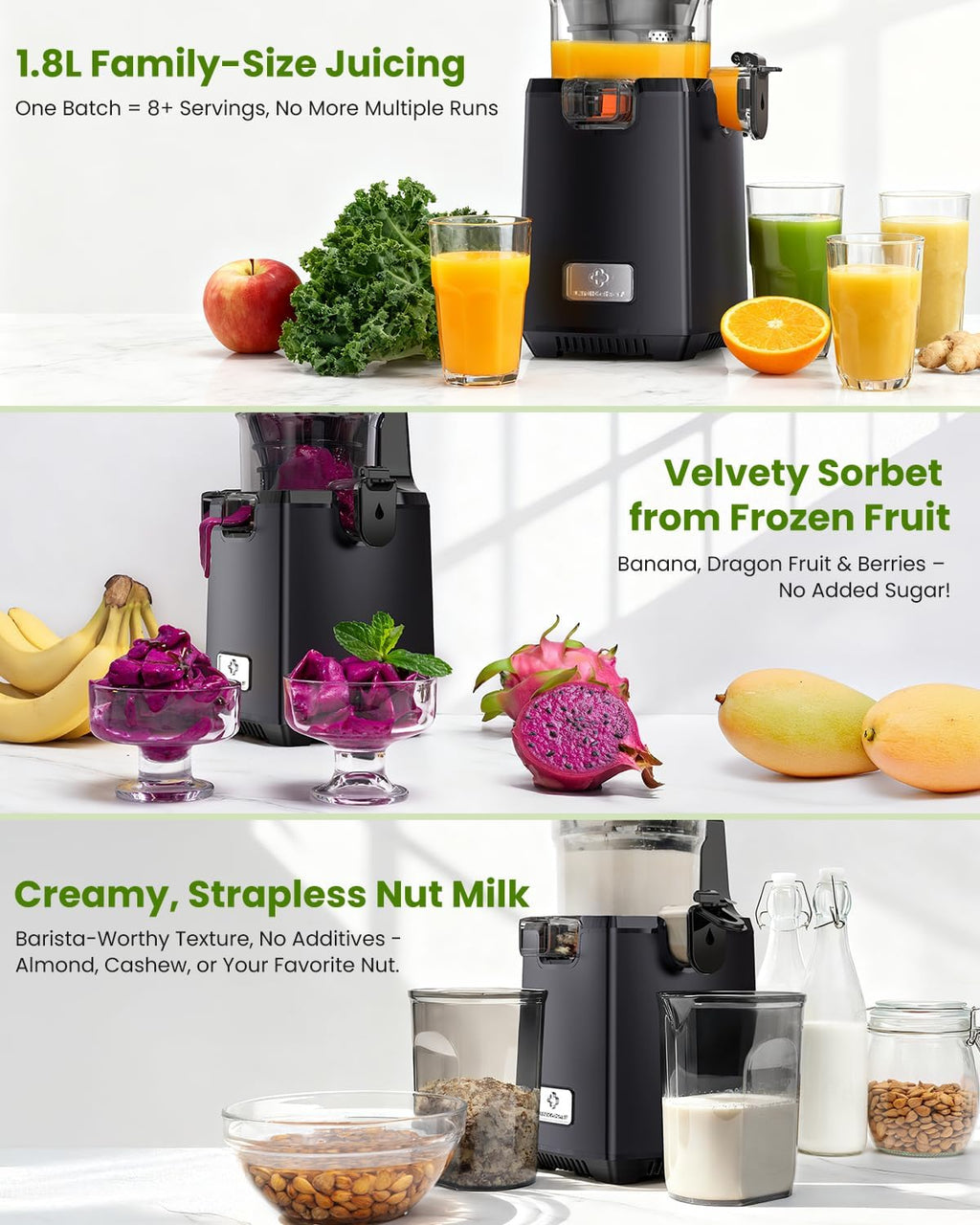 LINKChef Cold Press Juicer Machines, 130mm Diameter and 1.8L Capacity Juicers Whole Fruit and Vegetable, 250W Masticating Slow Juicer with Automatic Cutting, BPA-Free Tritan