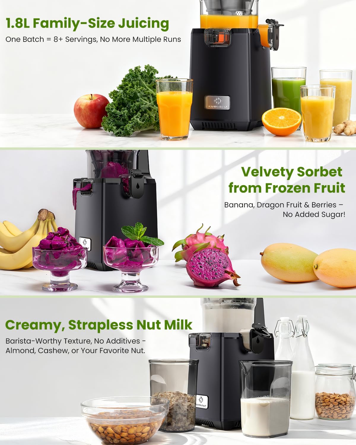 LINKChef Cold Press Juicer Machines, 130mm Diameter and 1.8L Capacity Juicers Whole Fruit and Vegetable, 250W Masticating Slow Juicer with Automatic Cutting, BPA-Free Tritan