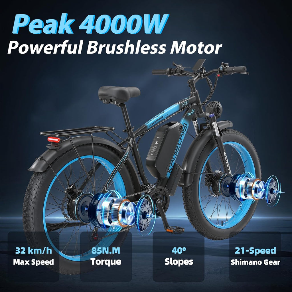 AWD Electric Bike for Adults, Peak 4000W Power 26' Fat Tire Ebike, Dual Motor Electric Bicycles, 48V 22.4AH Removable Battery Fast Dual Hydraulic Brakes 21-Speed All Terrain E-Bikes