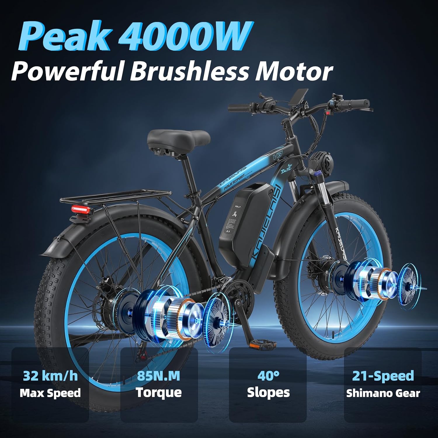 AWD Electric Bike for Adults, Peak 4000W Power 26' Fat Tire Ebike, Dual Motor Electric Bicycles, 48V 22.4AH Removable Battery Fast Dual Hydraulic Brakes 21-Speed All Terrain E-Bikes