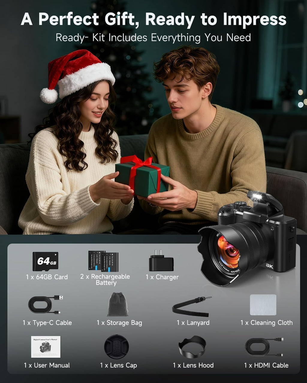 8K Digital Cameras for Photography, Autofocus 88MP WiFi Vlogging Camera for YouTube with Selfie Lens, Professional Video Camera with Flash, Touch Screen, Lens Hood, 64GB Card, 2 Batteries