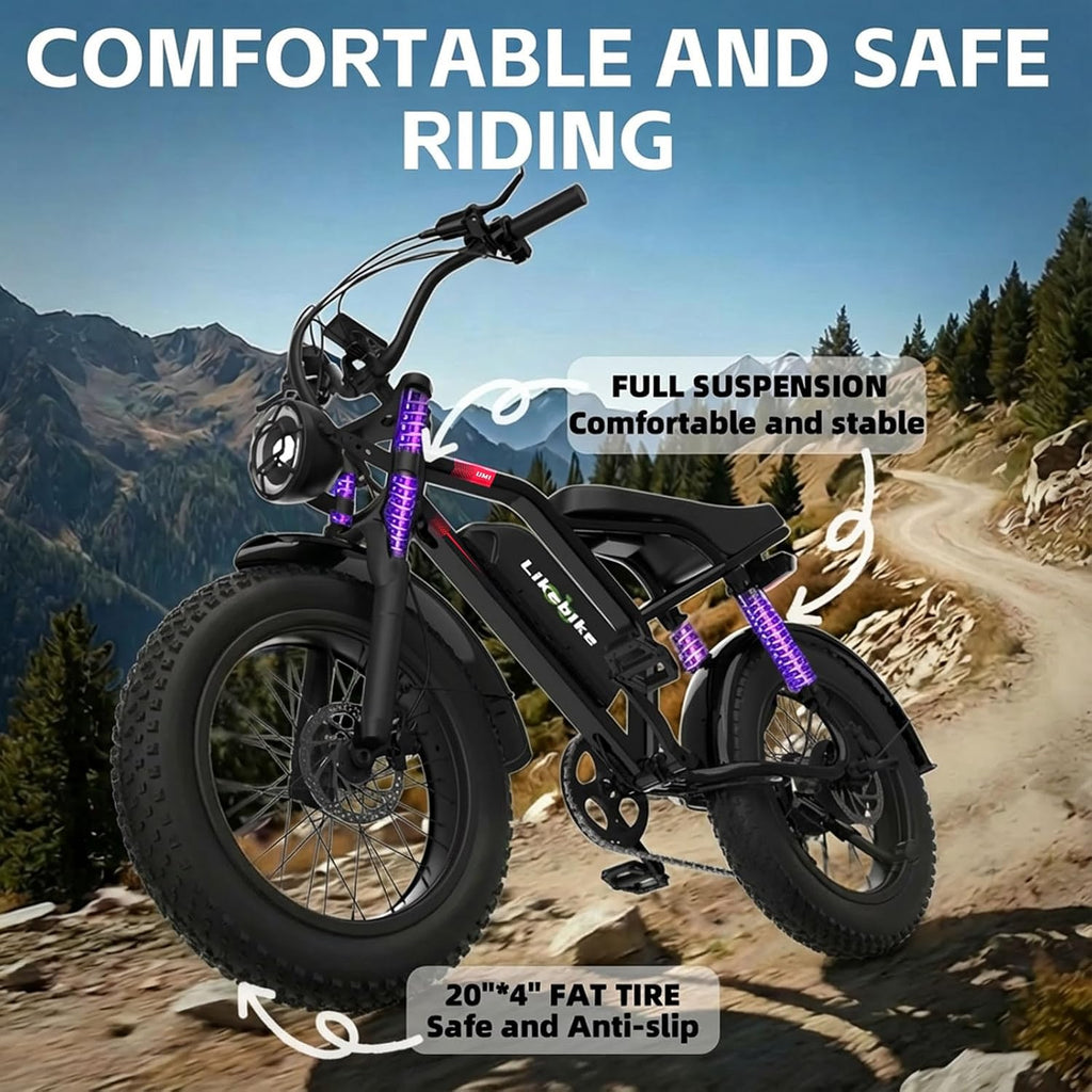Likebike Electric Bike for Adults 1500W/2000W/3000W Peak,32/36/47MPH 20' Fat Tire Ebike, 48V 20AH/23AH/33Ah Removable Battery 7-Speed Full Suspension Mountain Bike Off Road Hydraulic Disc Brake