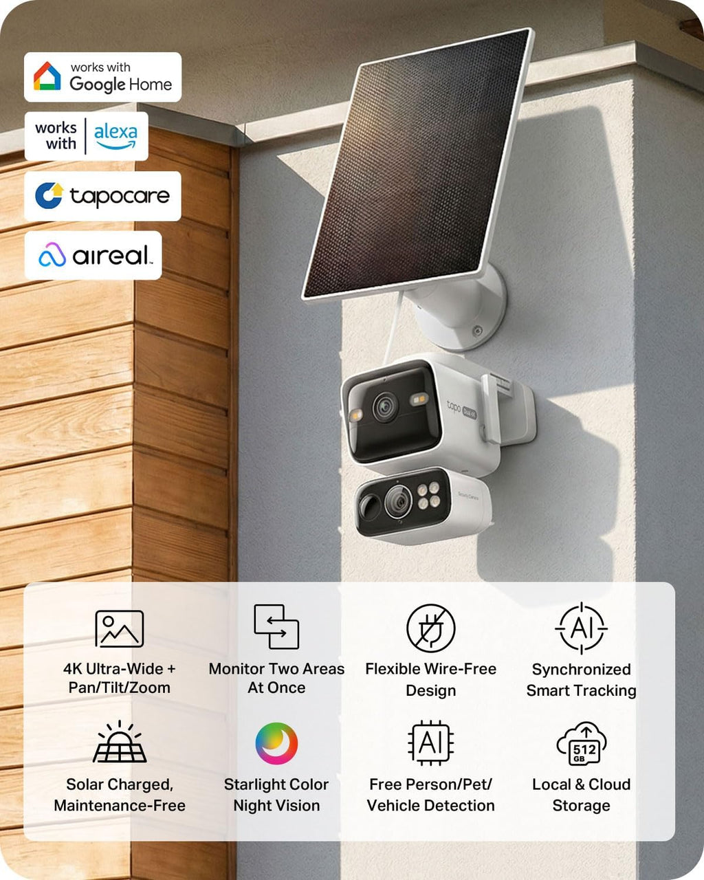 Tapo 4K Security Camera Wireless Outdoor, Dual Lens Pan/Tilt, Battery Powered with Solar, 169° Wide-Angle Lens + 6mm Zoom Lens, Motion Track, Subscription-Free SD Storage or Optional Cloud - C675D KIT