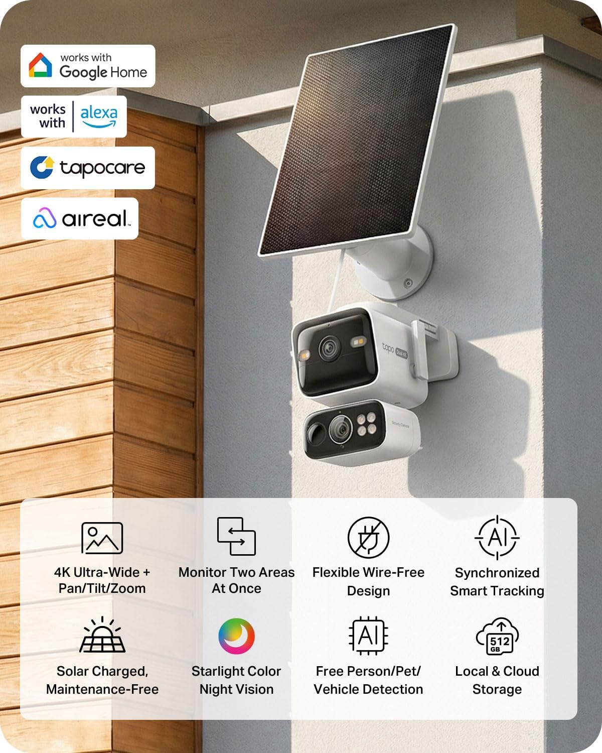 Tapo 4K Security Camera Wireless Outdoor, Dual Lens Pan/Tilt, Battery Powered with Solar, 169° Wide-Angle Lens + 6mm Zoom Lens, Motion Track, Subscription-Free SD Storage or Optional Cloud - C675D KIT