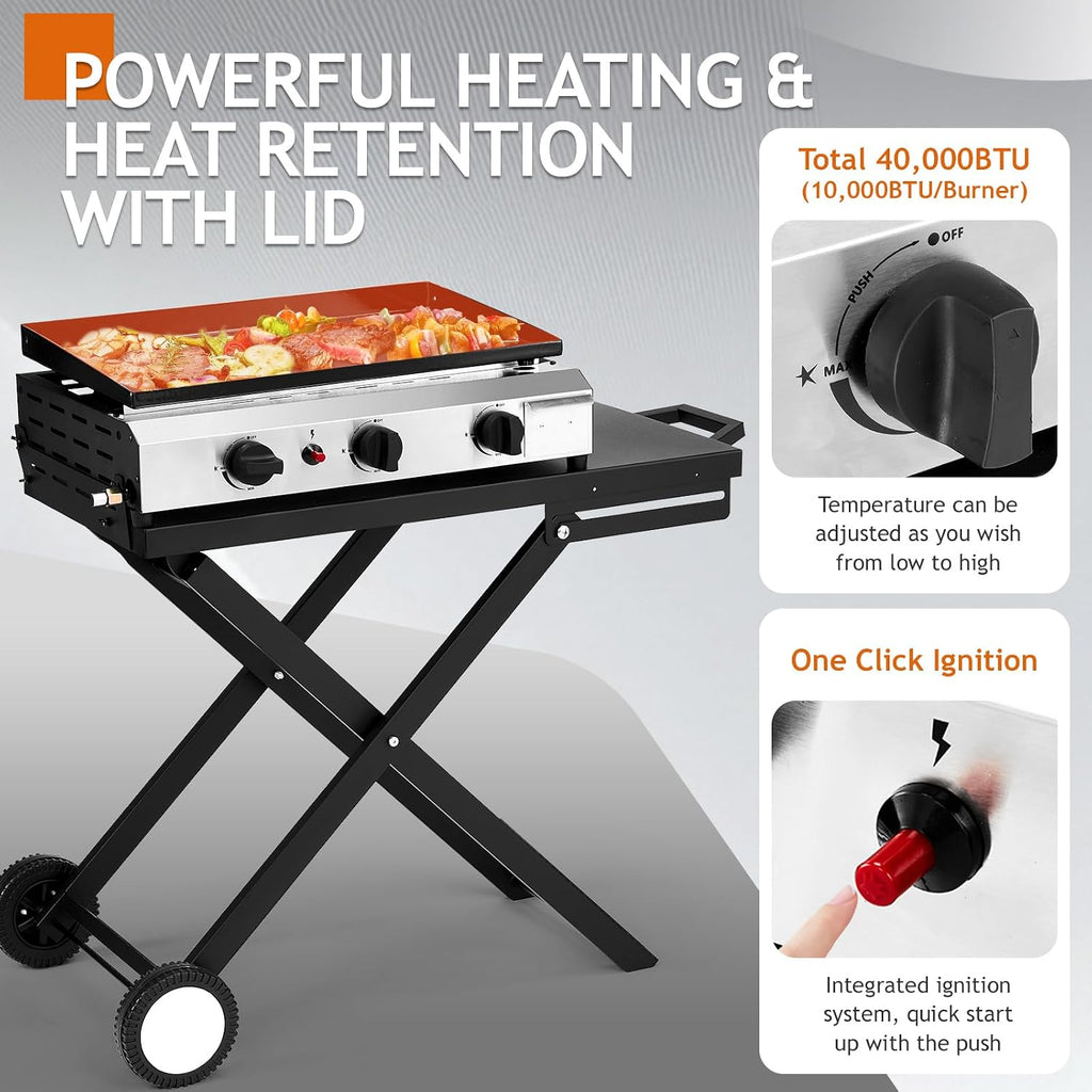 Outvita 3 Burner Foldable Propane Griddle with Wheels & Enameled Tray, 30000 BTU Portable Flat Top Gas Grill with Electronic Ignition & Regulator for Outdoor Cooking Camping BBQ Tailgating Picnicking