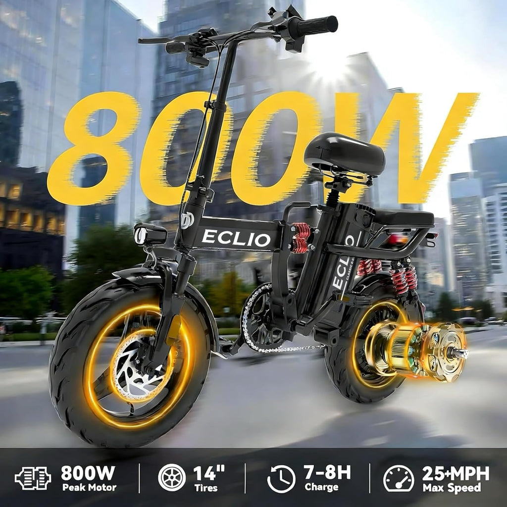 DDC SPORT Folding Electric Bike, Peak 800W Motor 25MPH,48V 14Ah Removable Battery 55Miles Ebike,14'' Lightweight Adults Electric Bicycles for Men/Women/Teens,Mini E-Bike,Full Suspension