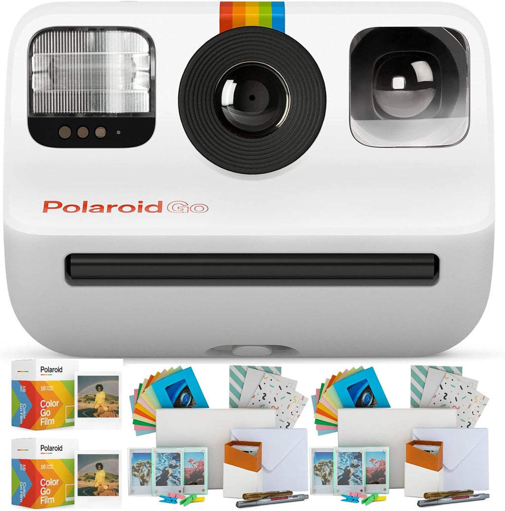 Polaroid GO Everything Box Bundle with Polaroid GO Color Film (2-Pack), 3 Magnetic and 10 Hanging Frames and Storage Box, Postcard Set (20-Pack) with Metallic Pen Set (5 Items)