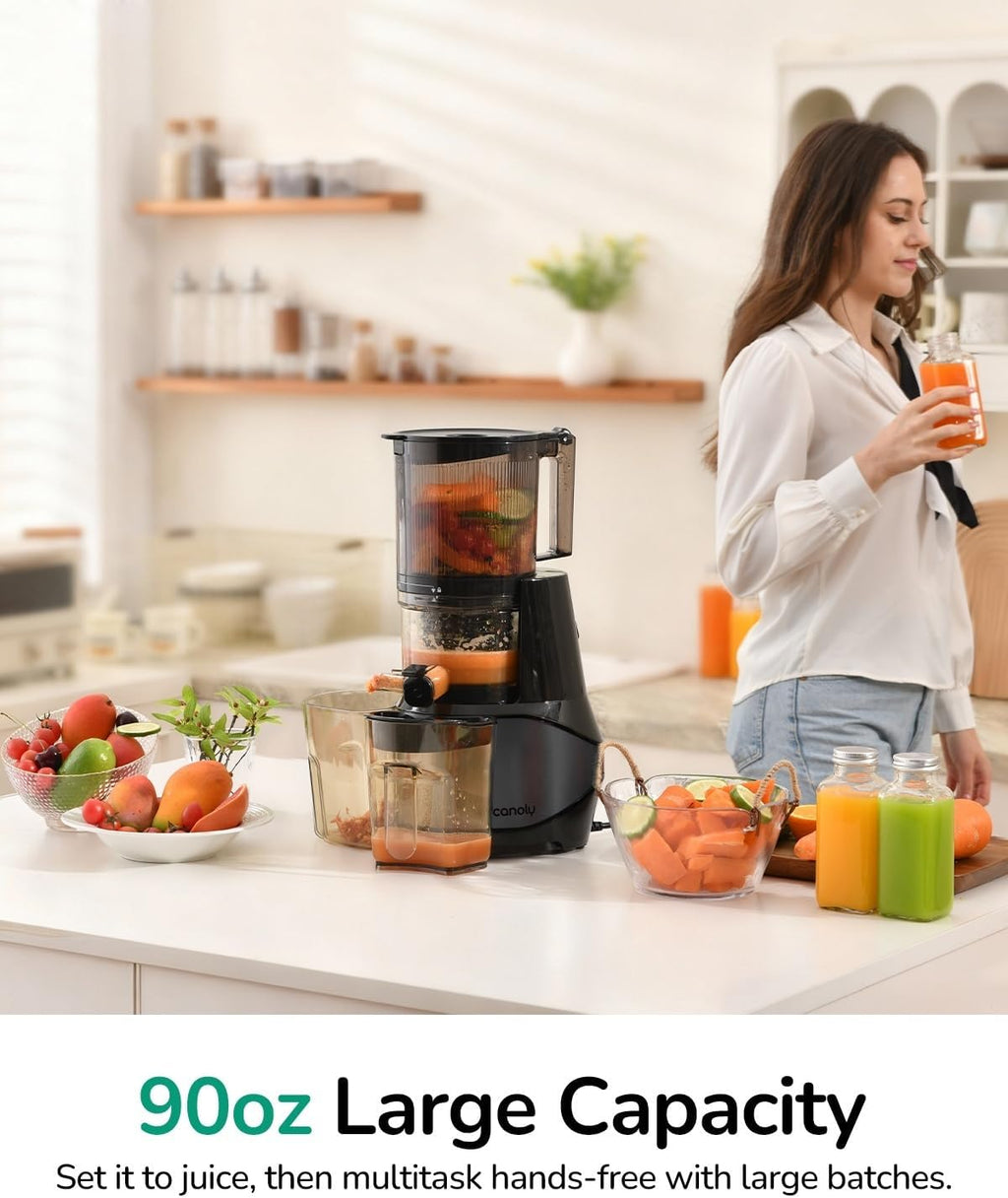 Canoly C09 Cold Press Juicer, 6' Extra Wide Feed Chute, 3-IN-1 Strainers (Juice & Sorbet & Nut Milk), Powerful AC Brushless Motor, Self Precut System, Juicer Machines with BPA-Free (Black)
