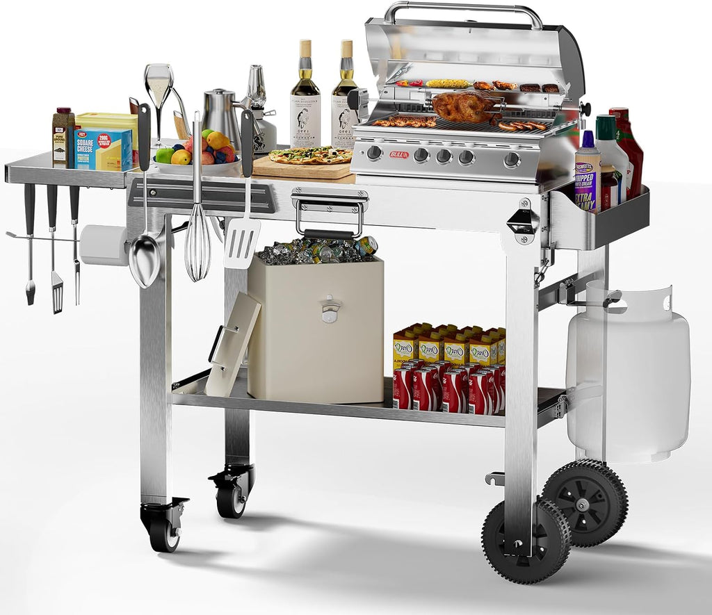 Electactic Food Grade 304 Stainless Steel BBQ Grill Carts fits 22'' Tabletop Griddle, Outdoor grill Table with 4 Foldable Legs, Portable Grill Stand for RV, Camping, Tailgating
