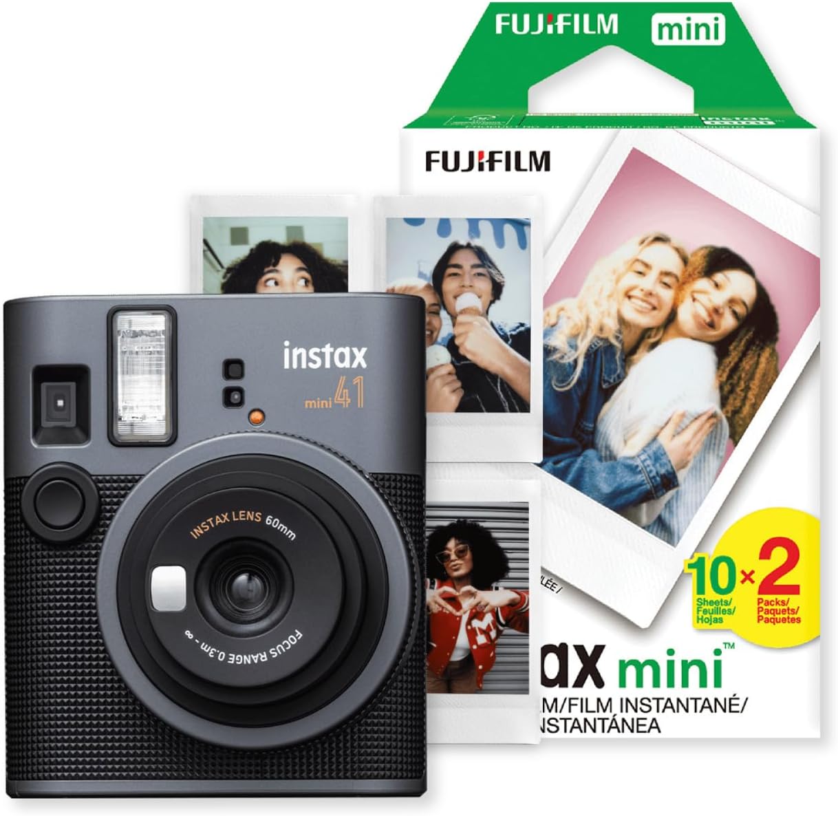 Fujifilm Instax Mini 41 Black Instant Camera with Auto Exposure Control, Selfie Mirror, and Sleek Design Bundle with Intax Mini Twin 20 Exposure Pack