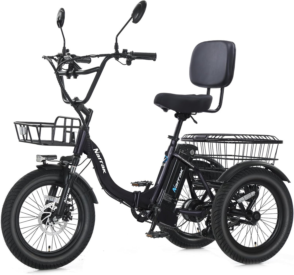 NARRAK Electric Tricycle for Adults,Fat Tire Folding Electric Trike,3 Wheels Electric Bicycle Bikes, Peak 700W/1100W Step-Thru Etrike with Removable Battery and Large Basket