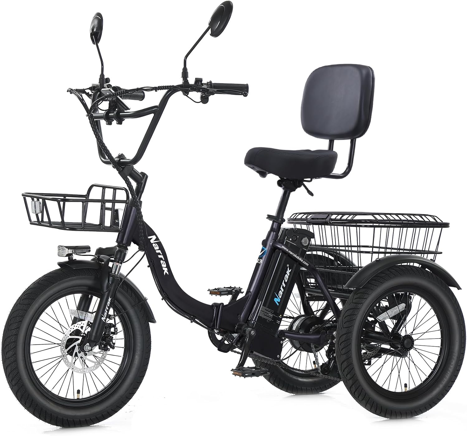 NARRAK Electric Tricycle for Adults,Fat Tire Folding Electric Trike,3 Wheels Electric Bicycle Bikes, Peak 700W/1100W Step-Thru Etrike with Removable Battery and Large Basket