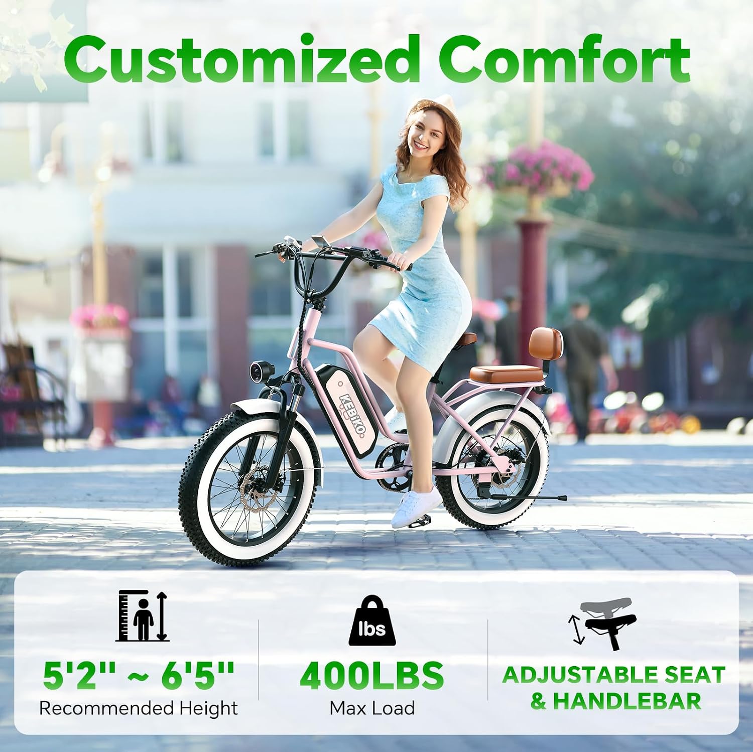 bluebiko 2 Seater Electric Bike, 48V 20AH(𝟗𝟔𝟎𝐖𝐇) Large Removable Battery, 𝟏𝟑𝟎𝟎𝐖 Peak Motor, 20'x 4.0' Fat Tire Ebike for Adults, 80+Miles, City Couple E Bike for All Terrain