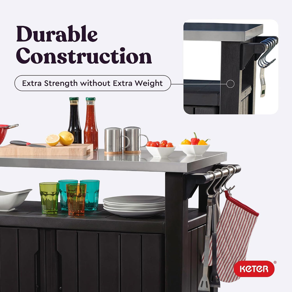 Keter Outdoor Rolling Table Cart for Food Prep, Storage, Bar & Grill, Dark Brown - Portable Kitchen Island Tabletop with Wheels for Drinks, Snacks, and Cooking