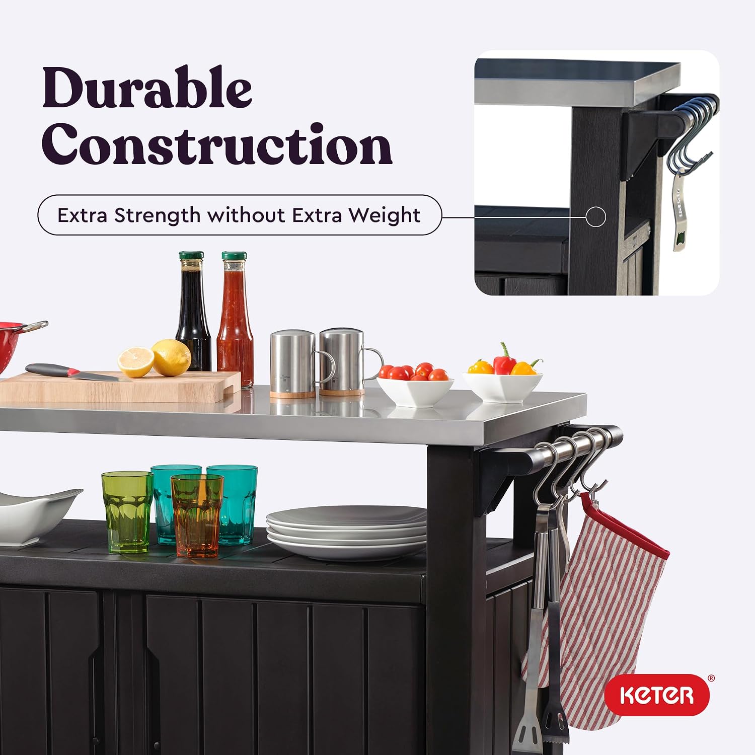 Keter Outdoor Rolling Table Cart for Food Prep, Storage, Bar & Grill, Dark Brown - Portable Kitchen Island Tabletop with Wheels for Drinks, Snacks, and Cooking