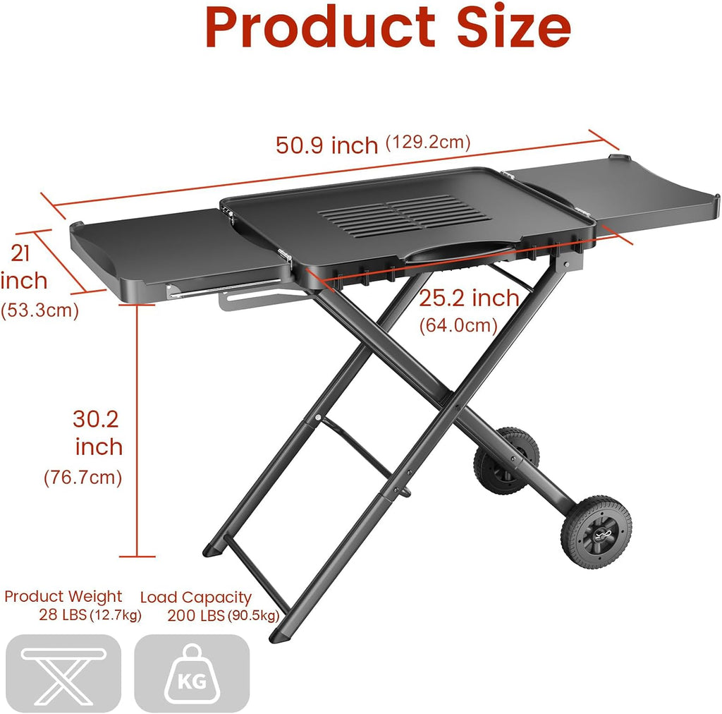 Hisencn Portable Grill Table Stand for Ninja Woodfire Outdoor Grill OG701 OG901 OG850 OG951, Pizza Oven Table Stand for Onni 12, Folding Camping Grill Table Cart for Blackstone 17'/22', with 2 Wheels