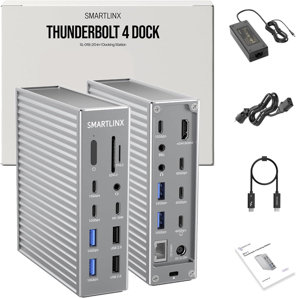 Thunderbolt 4 Dock – 21-Ports Laptop Docking Station Dual Monitor for MacBook Air/Pro (M1–M4), Windows & Chrome – Dual 4K or Single 8K Display, 40Gbps Speed, 90W Charging, USB-C/A Hub