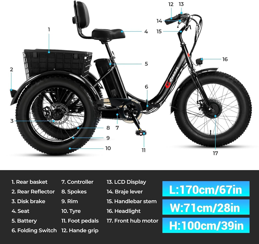 Geemax Electric Tricycle for Adults, 20' x 4.0 Fat Tire Electric Trike, Peak 500W 20MPH 36V 13Ah Lithium Battery UL Certified, Premium 80% Assembled Foldable 3 Wheel Electric Bicycle, Black