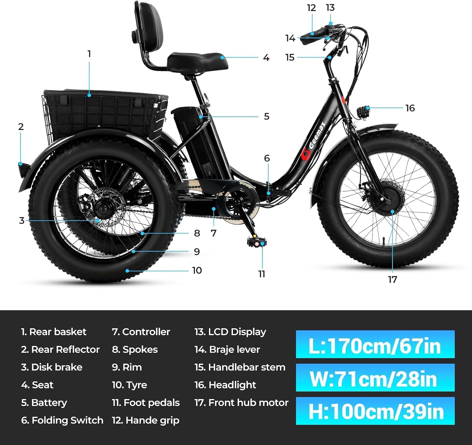 Geemax Electric Tricycle for Adults, 20' x 4.0 Fat Tire Electric Trike, Peak 500W 20MPH 36V 13Ah Lithium Battery UL Certified, Premium 80% Assembled Foldable 3 Wheel Electric Bicycle, Black
