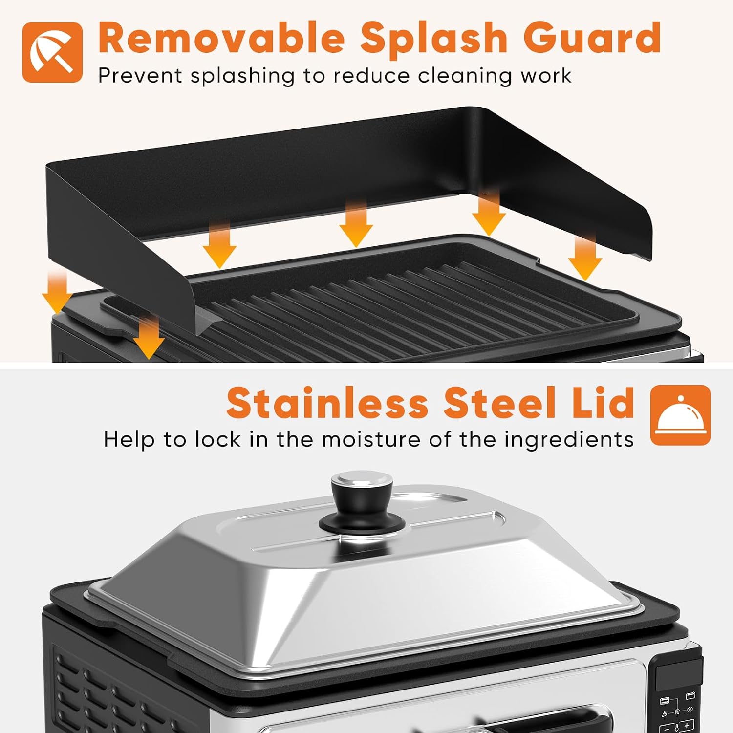OLIXIS Electric Grill Indoor for Steak and Veggies, Smokeles Griddle with Lid for Kitchen Cooking, Countertop Oven Includes Temp Control/Grill Plate/Splash Guard/Crumb Tray, Silver