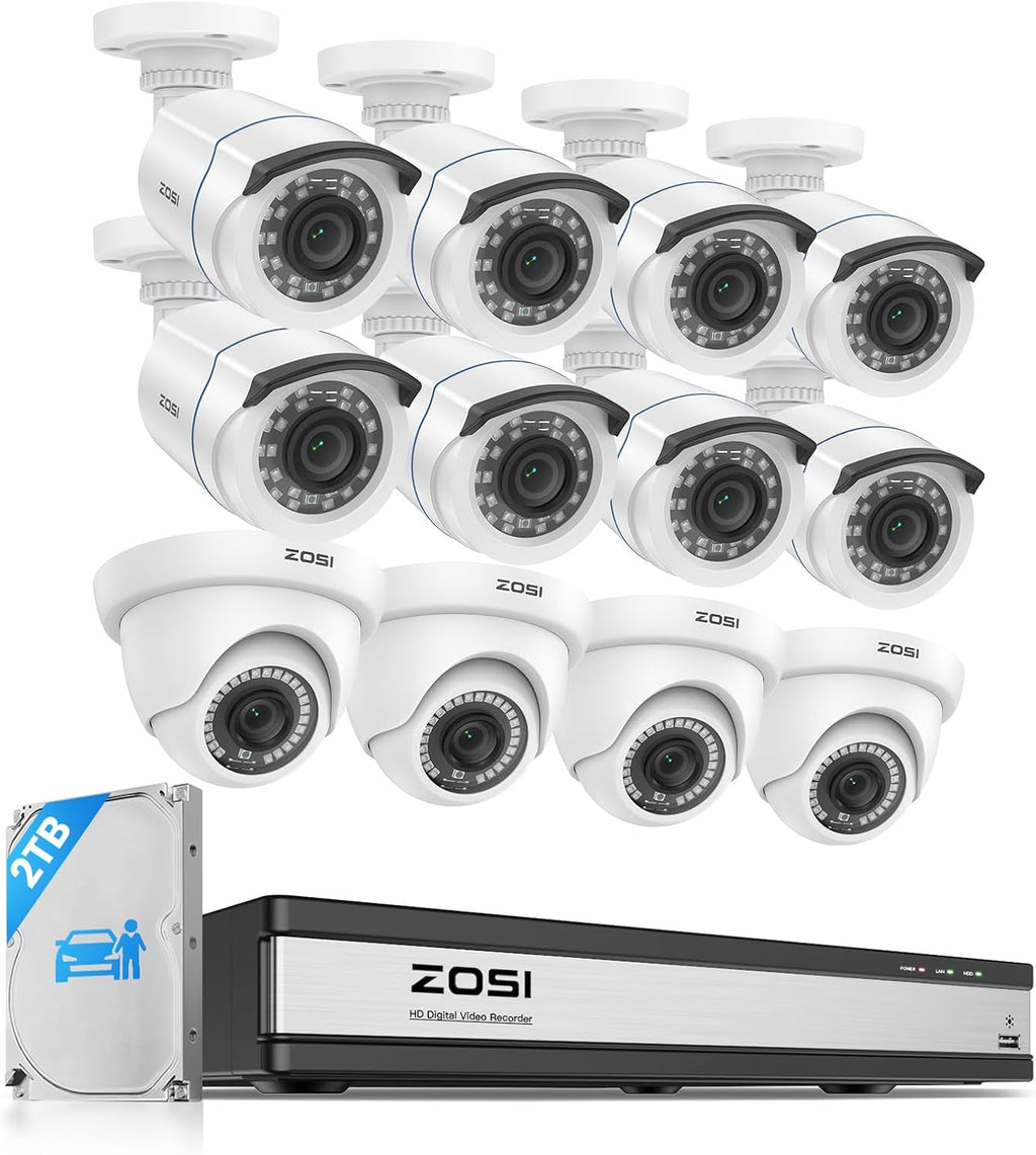ZOSI 1080p 16 Channel Security Camera System Outdoor with AI Human Vehicle Detect, 12 x 2MP Weatherproof Surveillance CCTV Bullet Dome Camera, H.265+ DVR, 2TB HDD, 80ft Night Vision, 90° View Angle