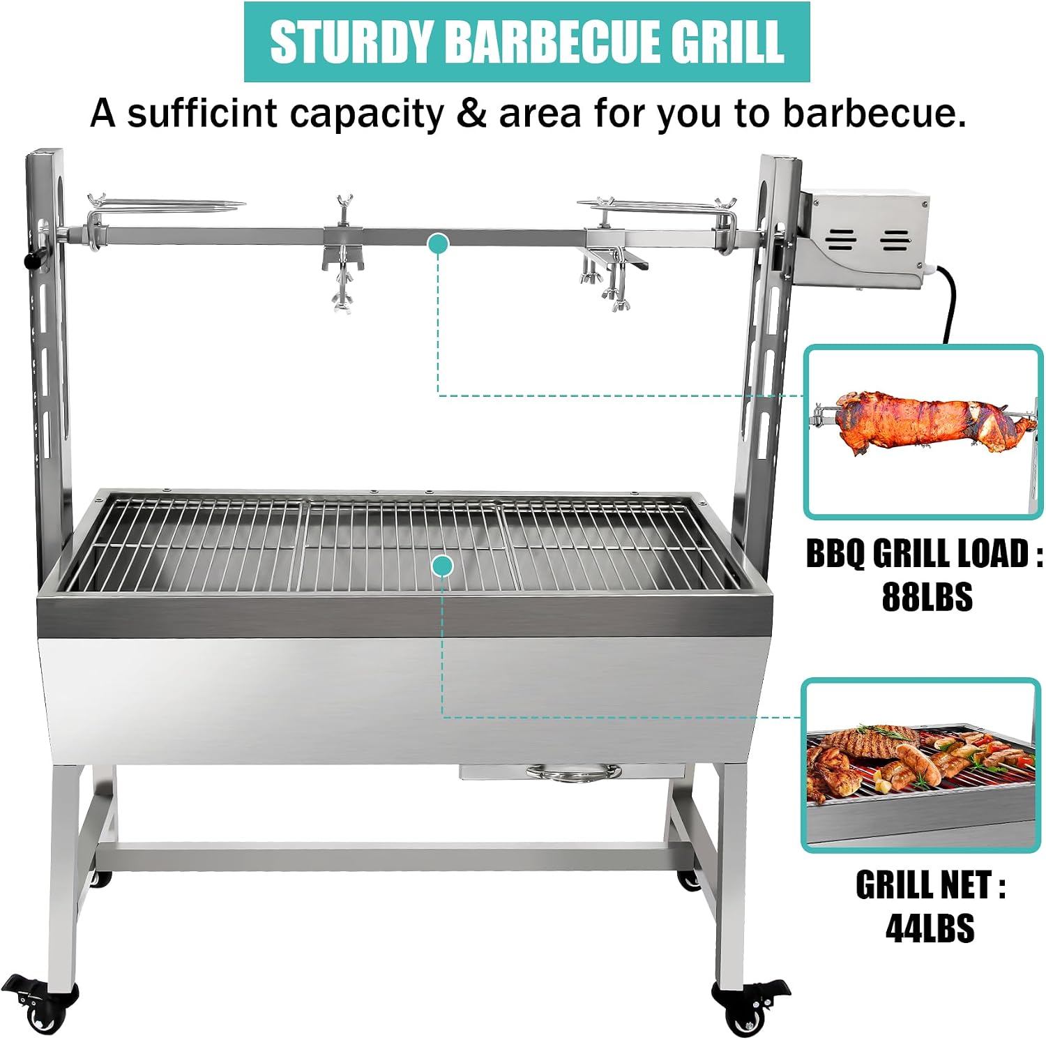 25W 37 Inch BBQ Outdoor Rotisserie Grill Roaster for Pig Lamb Goat - Stainless Steel Charcoal Spit for Camping Outdoor Kitchen Barbecue