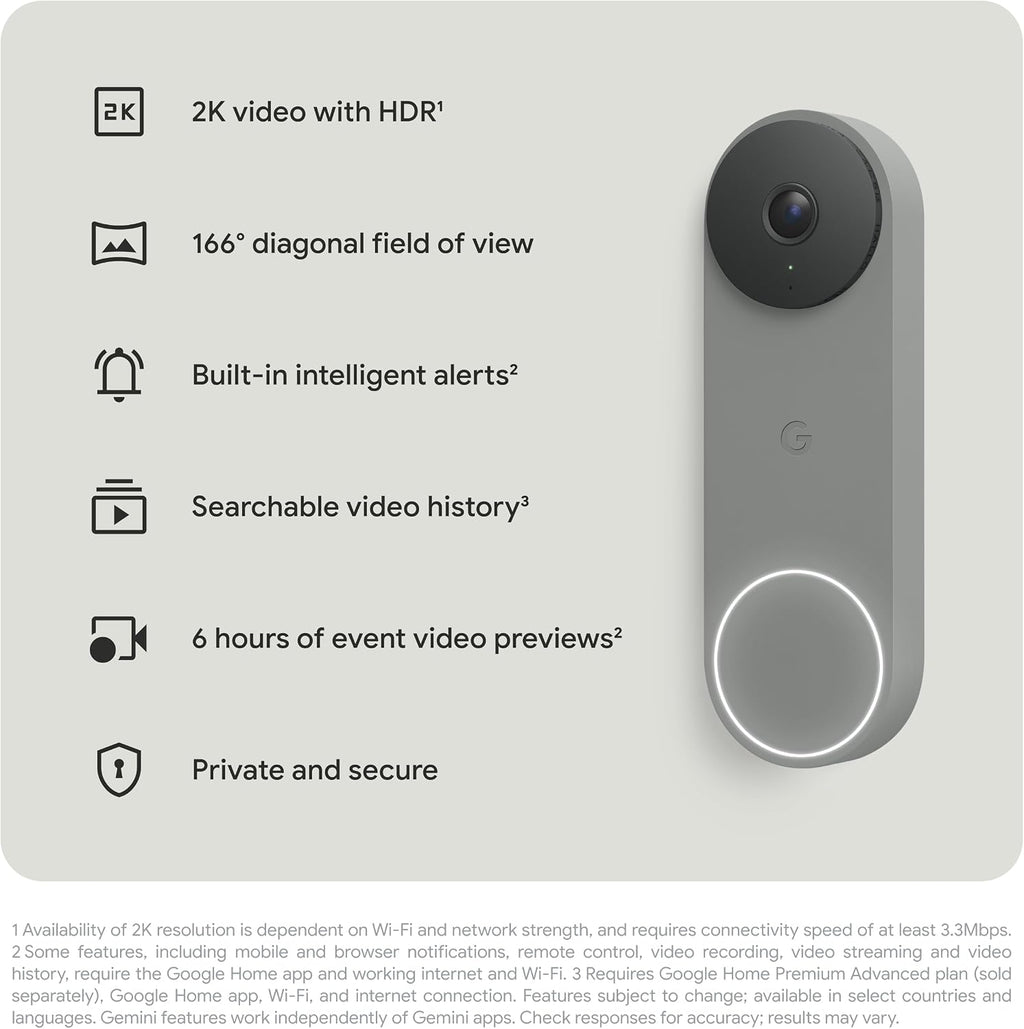 Google Nest Doorbell (Wired, 3rd Gen) - 2K Video and Gemini, Live View, Night Vision, 2-Way Audio - Works with Google Home - 2025 Model - Hazel