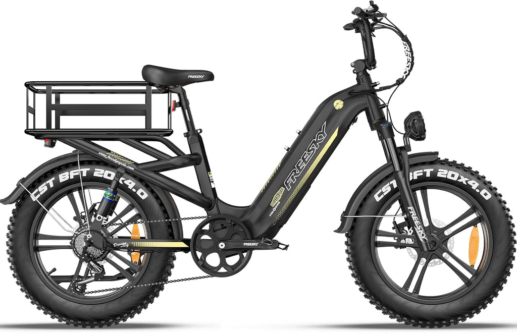 FREESKY 2026 Upgraded Rocky Pro Torque Sensor Electric Bike for Adults, 48V 25Ah Samsung Cells Battery, 105 Miles Range, 33MPH Fat Tire Step-Thru E Bike, 20' Full Suspension Cargo Bicycles, 8-Speeds
